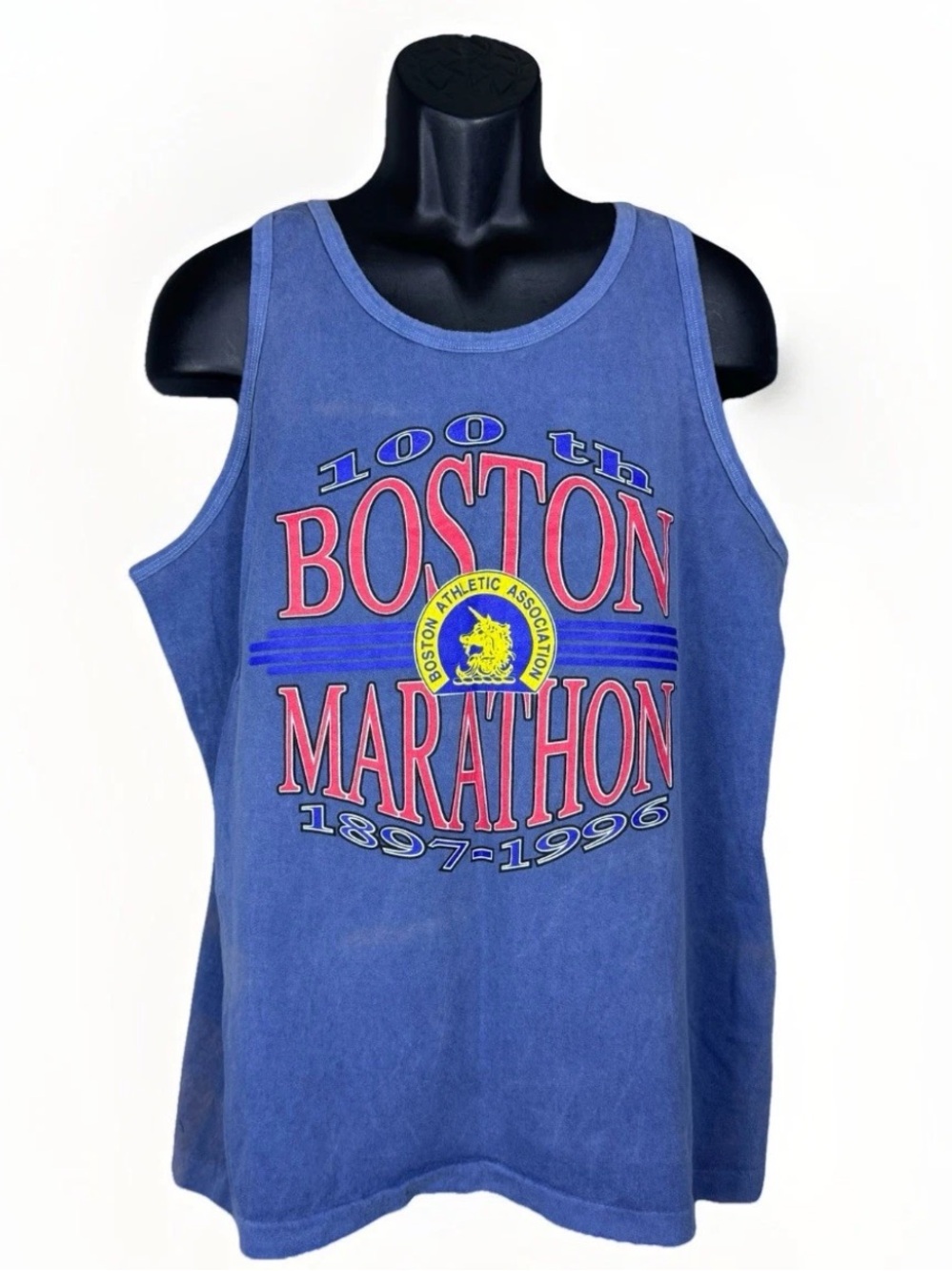 Vtg 90s Single Stitch Boston Marathon 100th Tank Top L Anvil Authentic Pigment